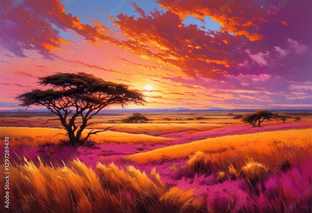 Fototapeta premium breathtaking savanna landscape bathed vibrant sunset hues expansive sky golden grasslands, nature, clouds, orange, beauty, horizon, trees, evening, scenery