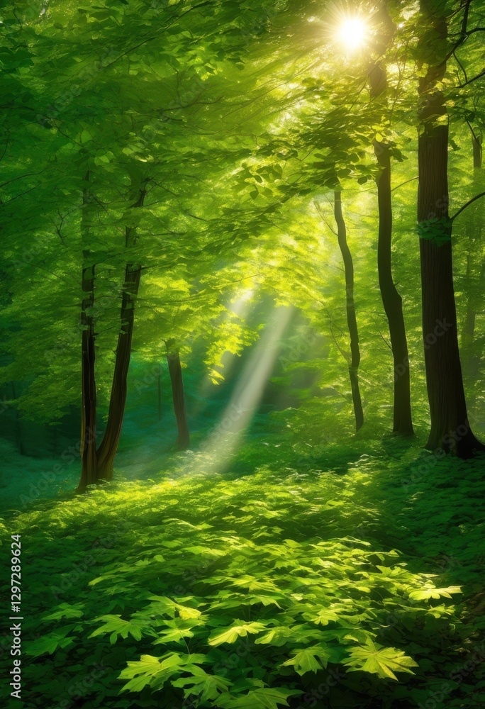 Obraz premium vibrant sunlit leaves constructing dreamy canopy enchanting forest, sunlight, vibrancy, colors, branches, greenery, shade, illumination, foliage