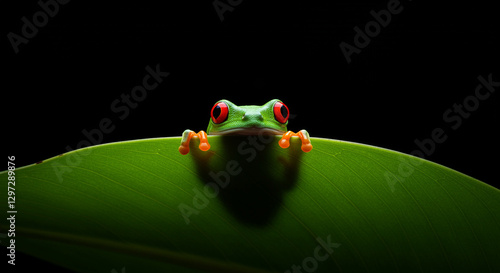 Close-up of a green tree frog peeking over a leaf