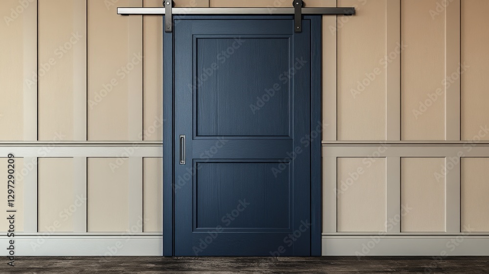 Modern navy blue sliding barn door with brushed aluminum handle for stylish interiors Modern navy blue sliding barn door with brushed aluminum handle for stylish interiors
