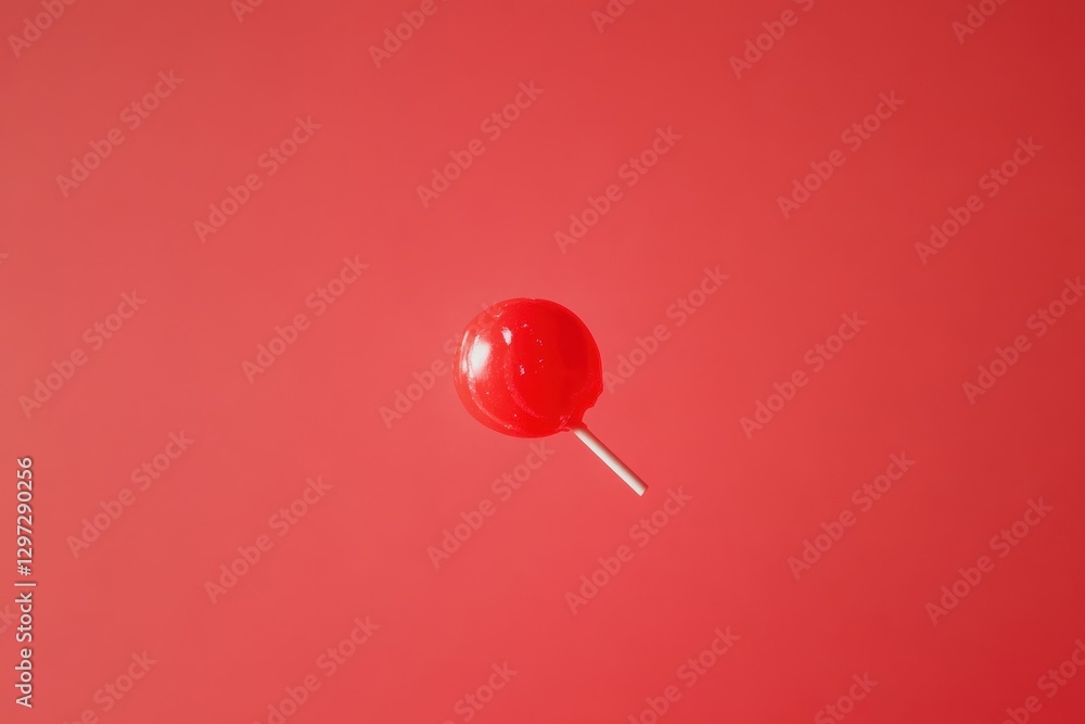A red lollipop rests against a vibrant red background A red lollipop rests against a vibrant red background