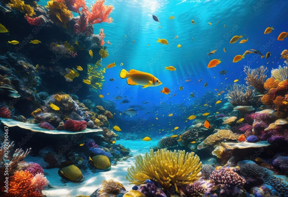 Naklejka premium vibrant view underwater marine life stunning colors showcasing aquatic plants living ocean ecosystem, coral, fish, sea, biodiversity, reef, tank, habitat