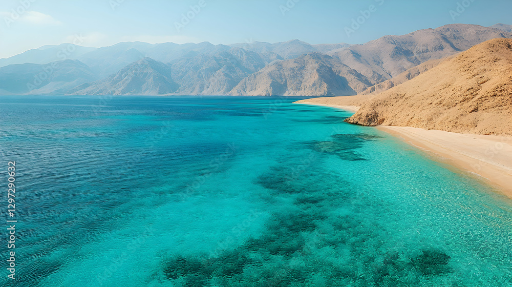 Fototapeta premium Turquoise coastal waters, sandy beach, mountains