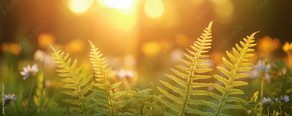 Fern leaves illuminated by golden sunlight growing in the forest. Wildlife and ecology concept. Fern leaves illuminated by golden sunlight growing in the forest. Wildlife and ecology concept.