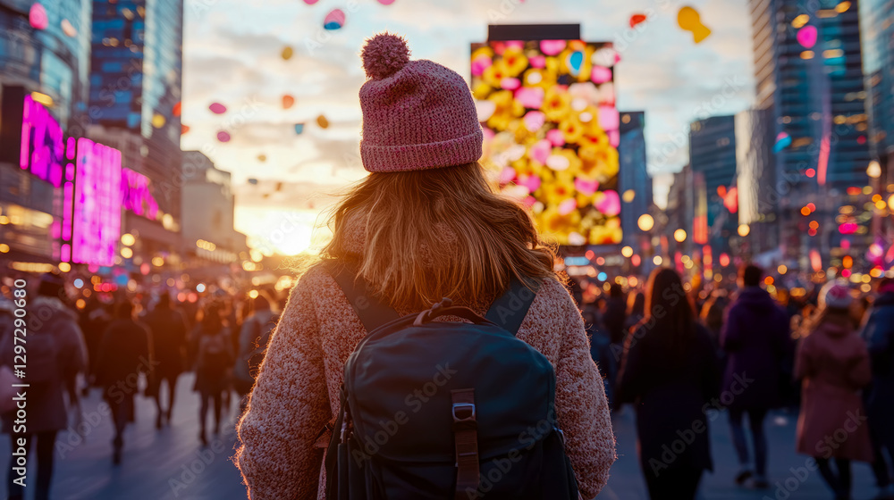 Obraz premium City Exploration: Girl With Hat Enjoying an Urban Adventure Amidst Crowds and Glowing Screens