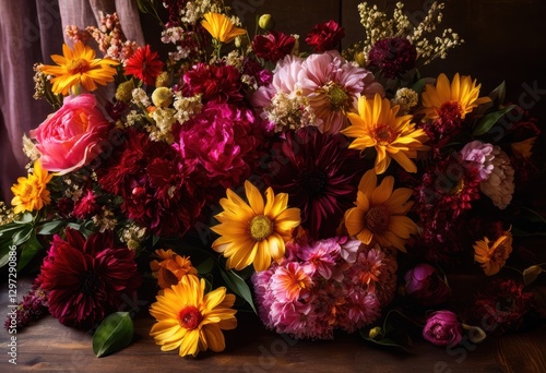 Wallpaper Mural vibrant seasonal floral flatlay showcasing harmony colors textures lush petals intricate details, arrangement, bouquet, blossoms, blooms, botanical, charm Torontodigital.ca