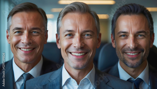 Obraz na płótnie Portrait of three handsome elderly business men smiling, confident people, elegant mature men in suits w salonie