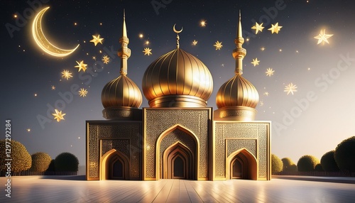 Generated3d illustration of a mosque with golden moon and stars ornament