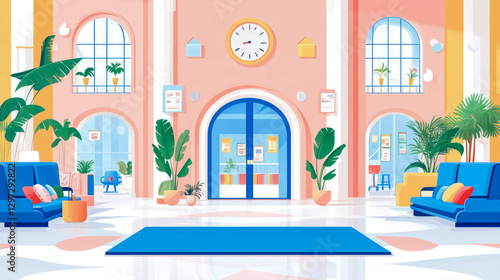 Wallpaper Mural Waiting Area Interior: a concept for relaxation, a lounge zone with cozy sofa, houseplant and clock on the wall Torontodigital.ca