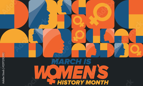 Women's History Month. Celebrated annual in March, to mark women’s contribution to history. Female symbol. Women's rights. Girl power in world. Poster, postcard, banner. Vector illustration