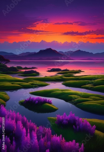 stunning dusk landscape featuring vibrant twilight colors lush skylines colorful horizons reflecting bright hues across tranquil waters, reflection, scenery
