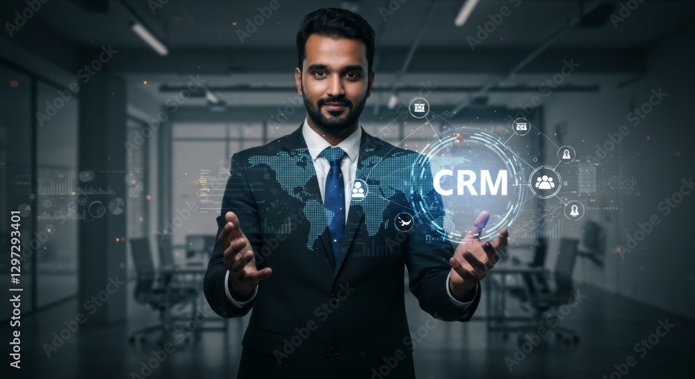 Businessman Presenting CRM Technology with Global Network Concept for Customer Relationship Management and Data Exchange in Modern Business Strategy Businessman Presenting CRM Technology with Global Network Concept for Customer Relationship Management and Data Exchange in Modern Business Strategy