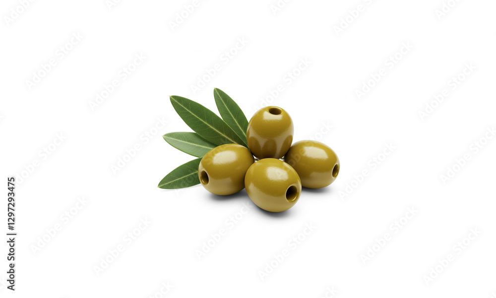 Ultra-Realistic Close-up of Olives and Olive Leaves on Pure White Background Ultra-Realistic Close-up of Olives and Olive Leaves on Pure White Background