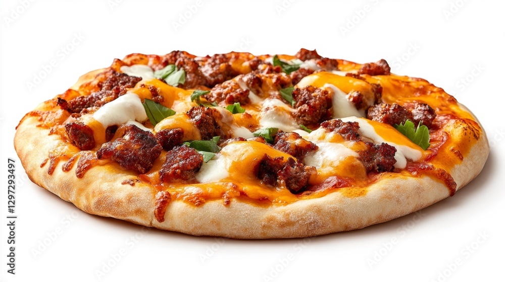 Taco Pizza with Seasoned Beef and Cheese on a Crust Isolated on White Background. Generative AI Taco Pizza with Seasoned Beef and Cheese on a Crust Isolated on White Background. Generative AI