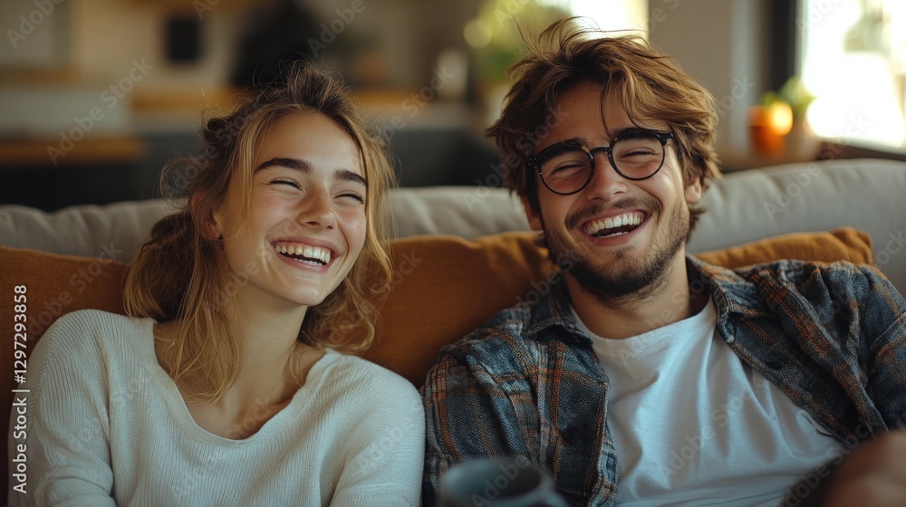 Young couple enjoys laughter on their new couch in bright living room Young couple enjoys laughter on their new couch in bright living room