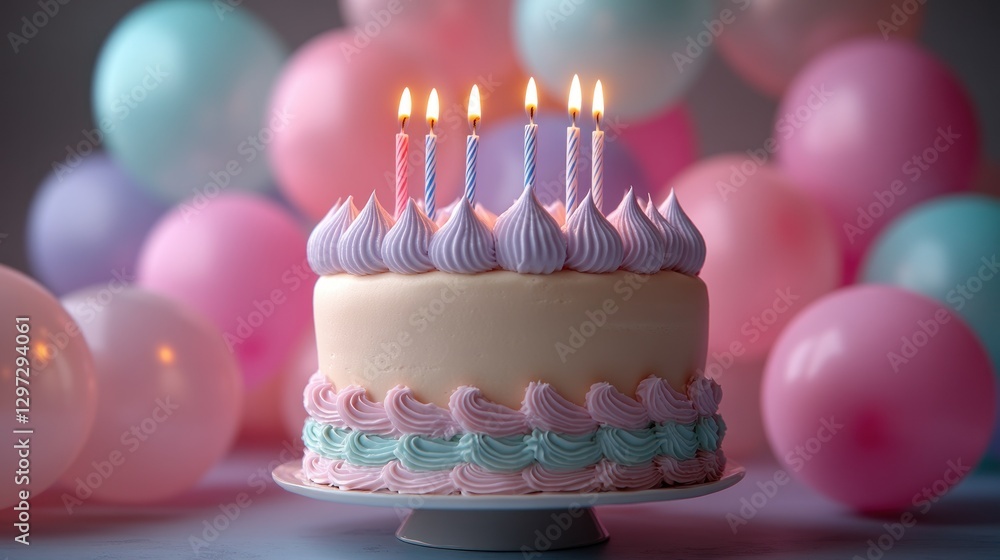 Pastel Birthday Cake with Candles and Balloons Pastel Birthday Cake with Candles and Balloons