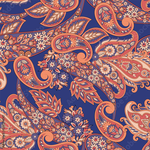 Orante damask textile background. Paisley seamless pattern