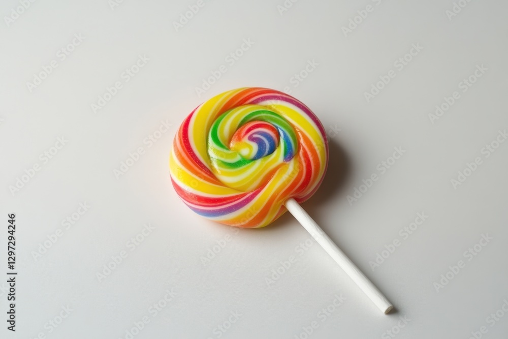 A Bright Colorful Lollipop Swirls Against a White Background A Bright Colorful Lollipop Swirls Against a White Background