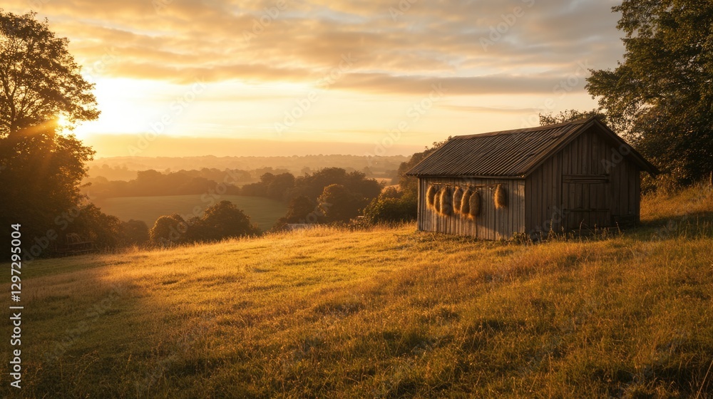 Fototapeta premium Golden Sunrise over Rolling Hills and Rustic Barn
