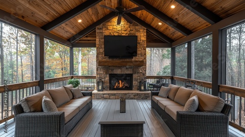 Cozy screened porch with fireplace and TV
