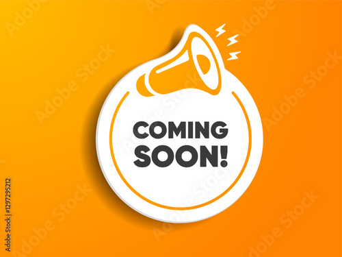 Megaphone icon with coming soon speech bubble cartoon style. Banner for business, marketing or advertising. Vector illustration EPS10. Coming soon speech white banner with black frame.