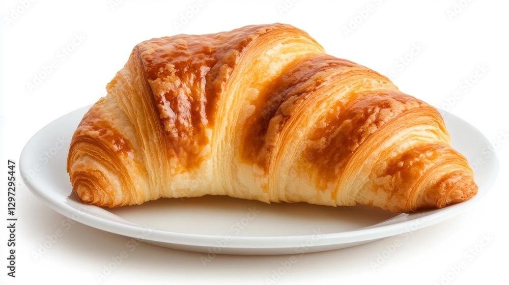 Fresh Warm Croissant with Caramelized Glaze on a Plate Isolated on White Background. Generative AI Fresh Warm Croissant with Caramelized Glaze on a Plate Isolated on White Background. Generative AI