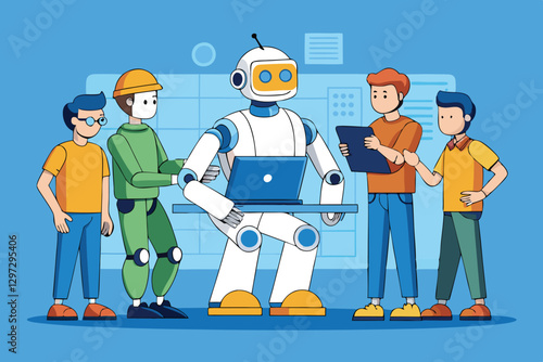 2d flat illustration of Engineers collaborating on a new AI-powered robot design