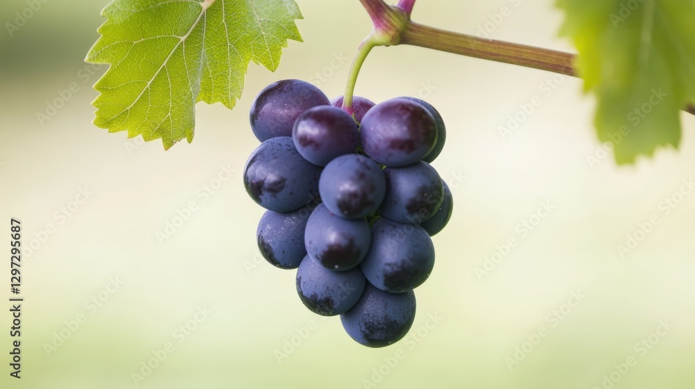 Fototapeta premium Ripe grape cluster hangs gracefully from vine against soft background