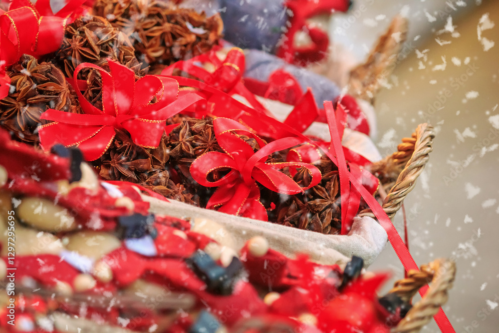 Festive cityscape - view of the dried anise fruits closeup on the Christmas Market (Weihnachtsmarkt) in the city of Vienna, Austria
