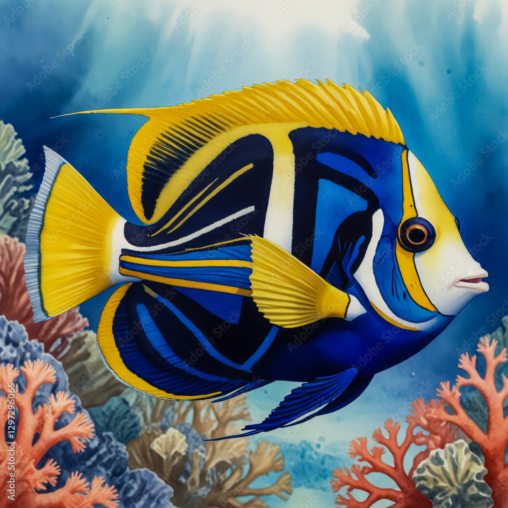 Naklejka premium Watercolor Illustration of a Regal Blue Tang Swimming Among Vibrant Coral in the Great Barrier Reef