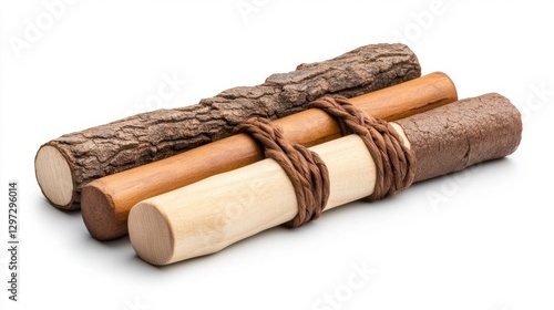 Traditional Wooden Rhythm Sticks Bound Together with String Isolated on White Background. Generative AI photo