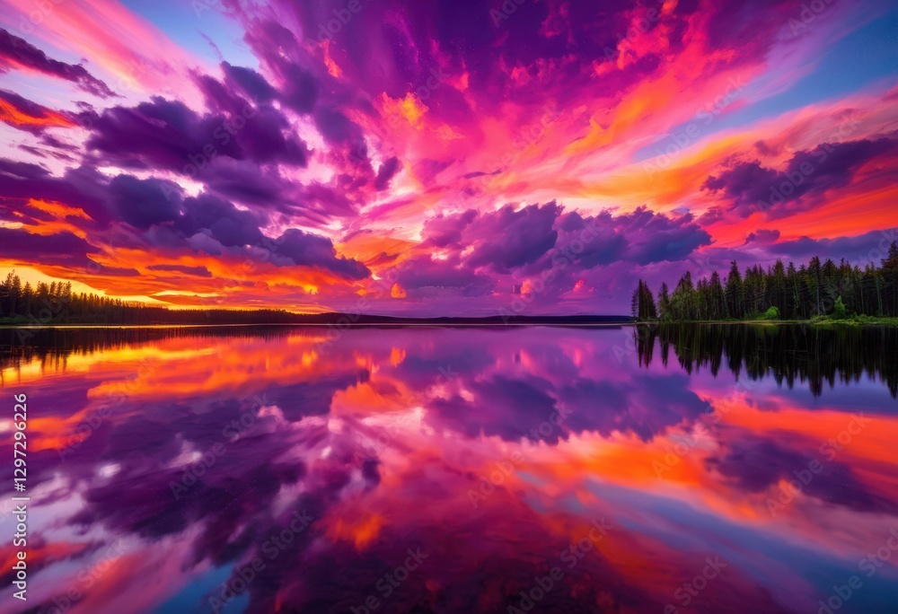 Fototapeta premium stunning dramatic skyscape vibrant sunset colors radiating across colorful horizon soft cloud formations, cloudscape, twilight, evening, dusk, nature
