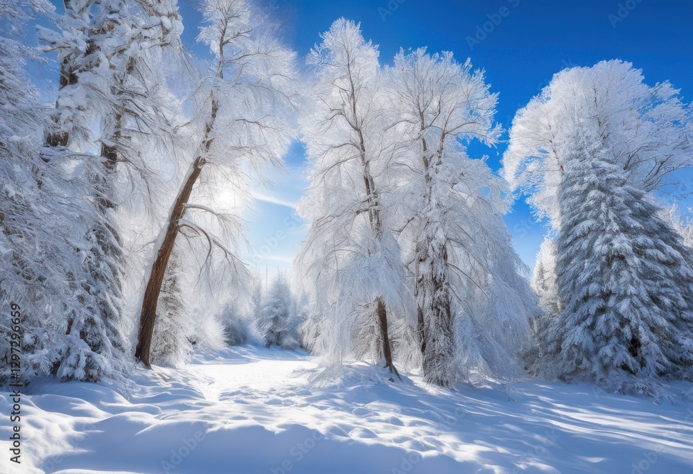 majestic snowy trees stand tall serene winter landscape filled soft white snow calm blue sky, adventure, air, atmosphere, beauty, bright, chilly, clear