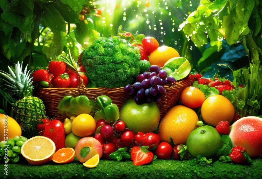 vibrant fresh produce under refreshing droplets creating invigorating visual scene bounty, arrangement, aroma, berry, bucket, bright, clean, colorful vibrant fresh produce under refreshing droplets creating invigorating visual scene bounty, arrangement, aroma, berry, bucket, bright, clean, colorful