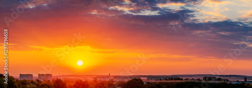 Obraz na płótnie Cityscape - sunset view over the city, panorama. Horizontal banner with free copy space for text w salonie