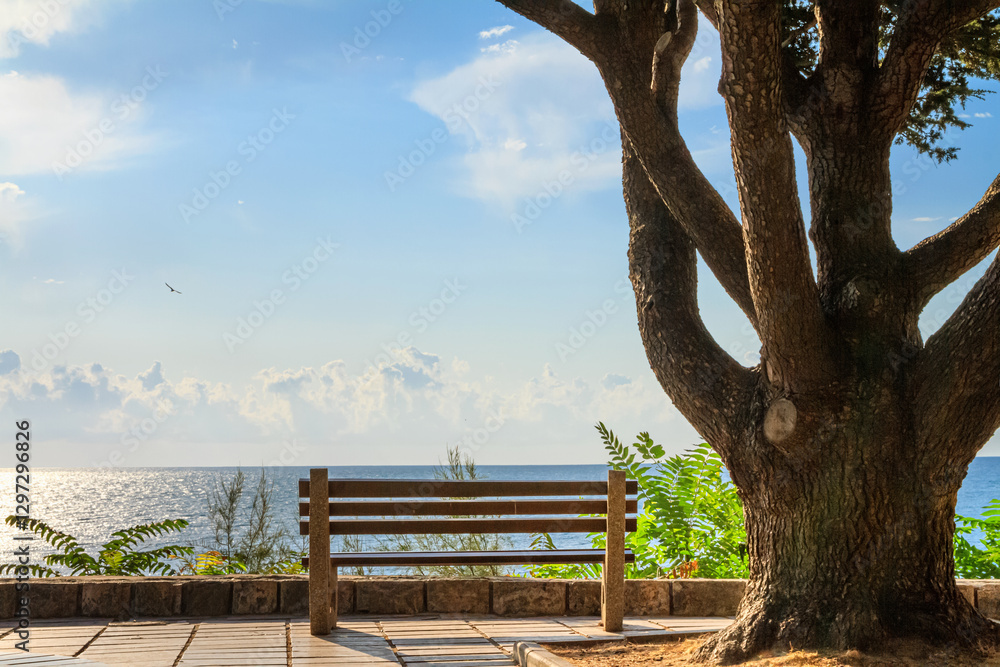 Seaside landscape - bench on the waterfront with sea view, Nessebar town on the Black Sea coast of Bulgaria