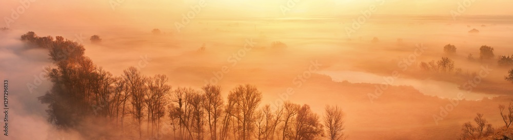 Autumn landscape, background - the morning fog over the river valley, horizontal panorama, banner