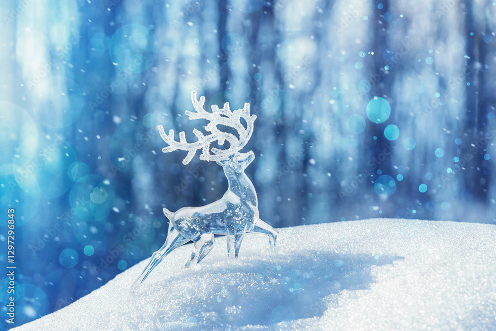 Christmas winter background - view of an ice deer on a snowdrift in a winter forest, sparkling in the rays of the winter sun with copy space for text