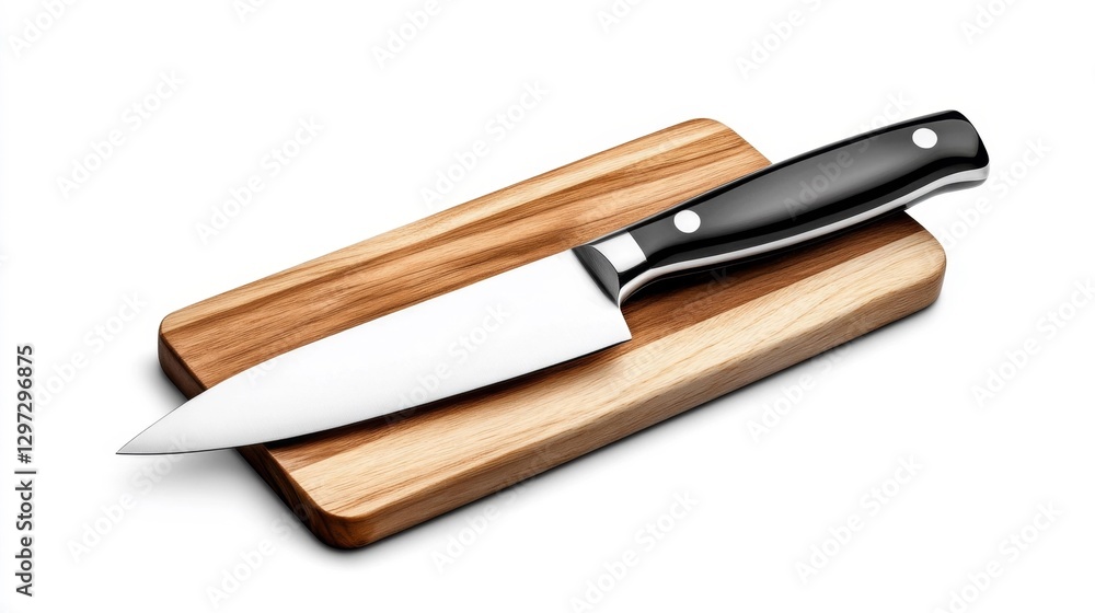 A sharp chef's knife placed on a wooden cutting board isolated on white background. Generative AI A sharp chef's knife placed on a wooden cutting board isolated on white background. Generative AI