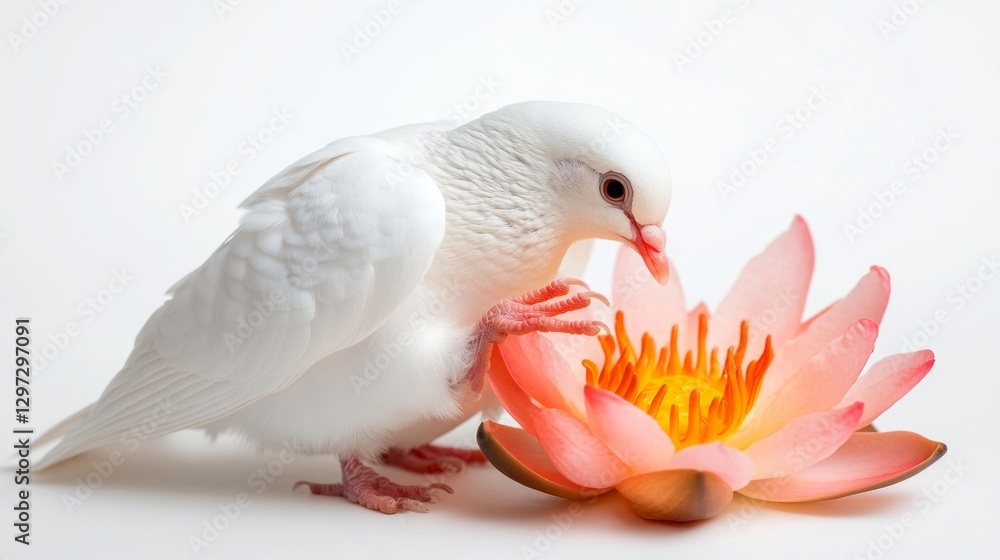 Obraz premium White dove gently interacting with a pink lotus flower isolated on a white background. Generative AI