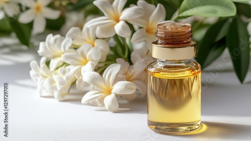 Luxury essential oil bottle with blooming Cananga flowers on a white background photo