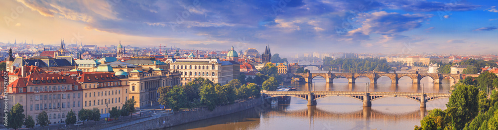 City summer landscape, panorama, banner - top view of the historical center of Prague with the Vltava river and bridges, Czech Republic