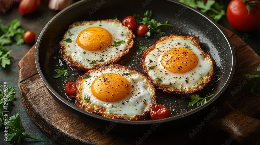Perfectly fried eggs in a frying pan with fresh herbs and tomatoes Perfectly fried eggs in a frying pan with fresh herbs and tomatoes