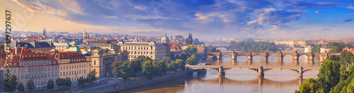 Obraz na płótnie City summer landscape, panorama, banner - top view of the historical center of Prague with the Vltava river and bridges, Czech Republic w salonie