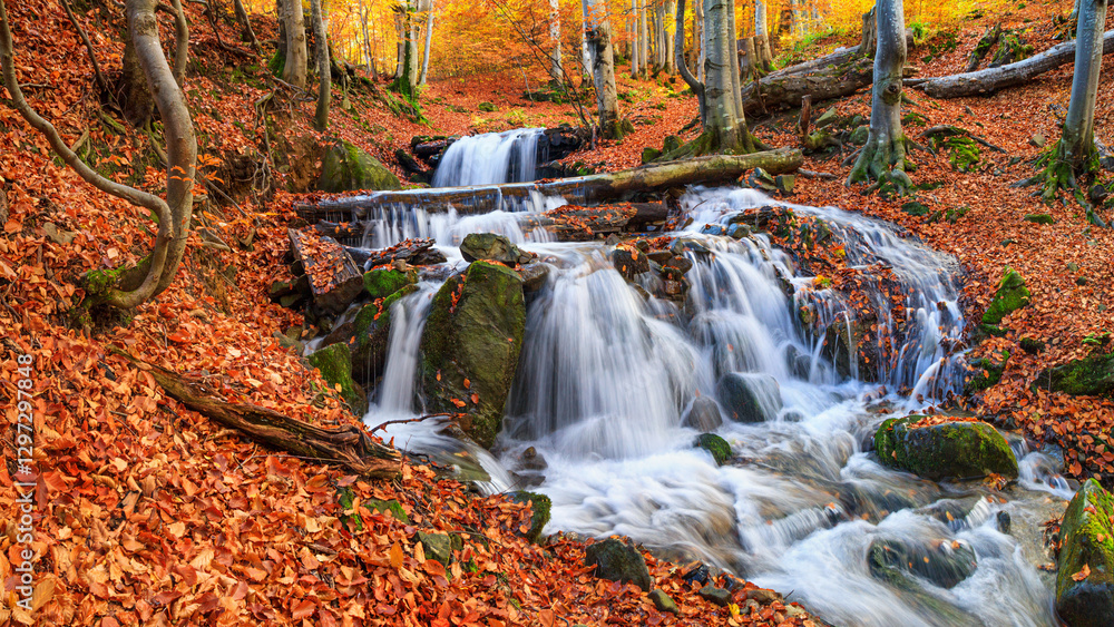Autumn landscape - view of a mountain river with a cascade of waterfallsin the autumn forest, Carpathians, Ukraine