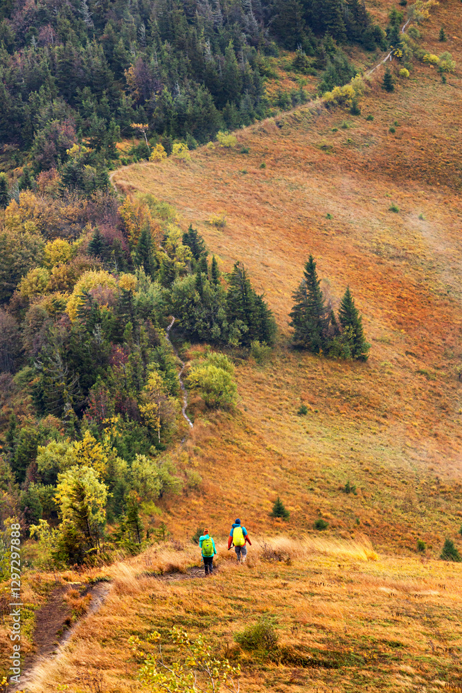 Autumn landscape - view of hikers and hiking trail on mountain range in Carpathians, Ukraine