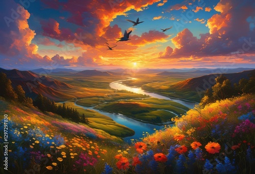 breathtaking aerial view stunning cloudscape twilight over gorgeous scenic landscape capturing vibrant colors textures nature, sky, horizon, scenery, sunset