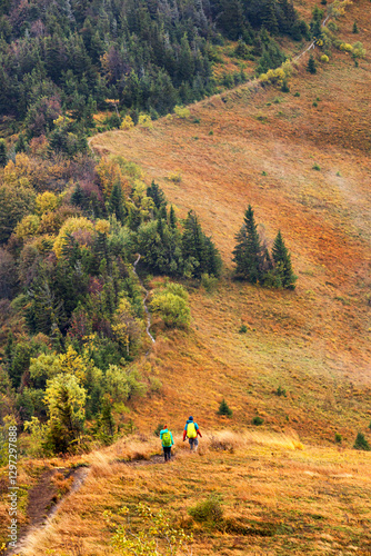 Obraz na płótnie Autumn landscape - view of hikers and hiking trail on mountain range in Carpathians, Ukraine w salonie