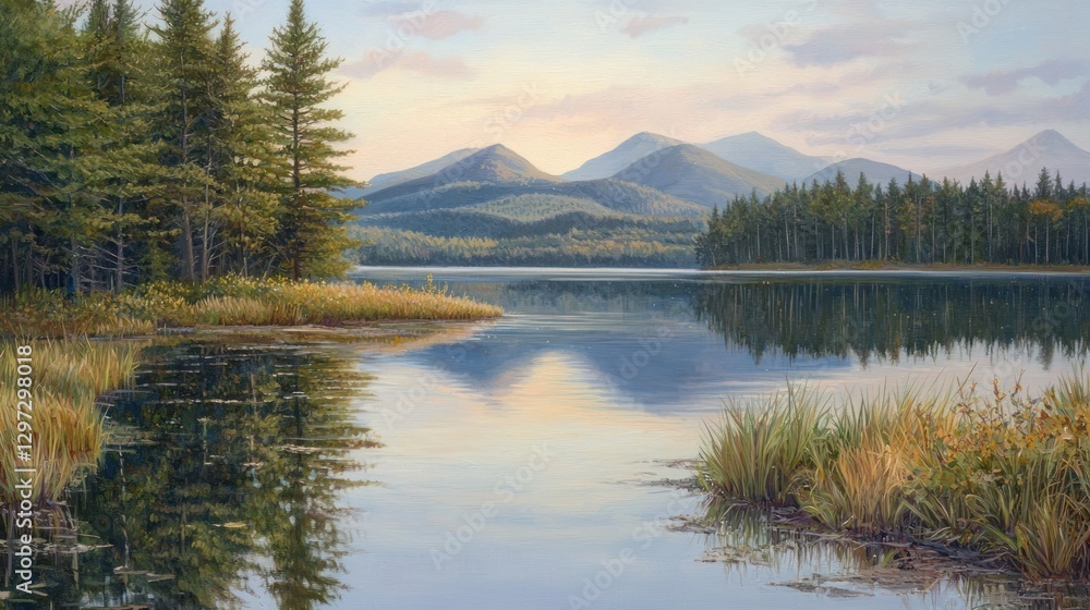 Calm lake reflecting mountains at sunrise. Calm lake reflecting mountains at sunrise.