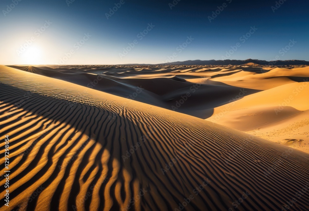 Naklejka premium stunning sand dunes dramatic shadows creating beautiful patterns under clear blue sky guiding light, landscape, desert, texture, formation, nature, horizon